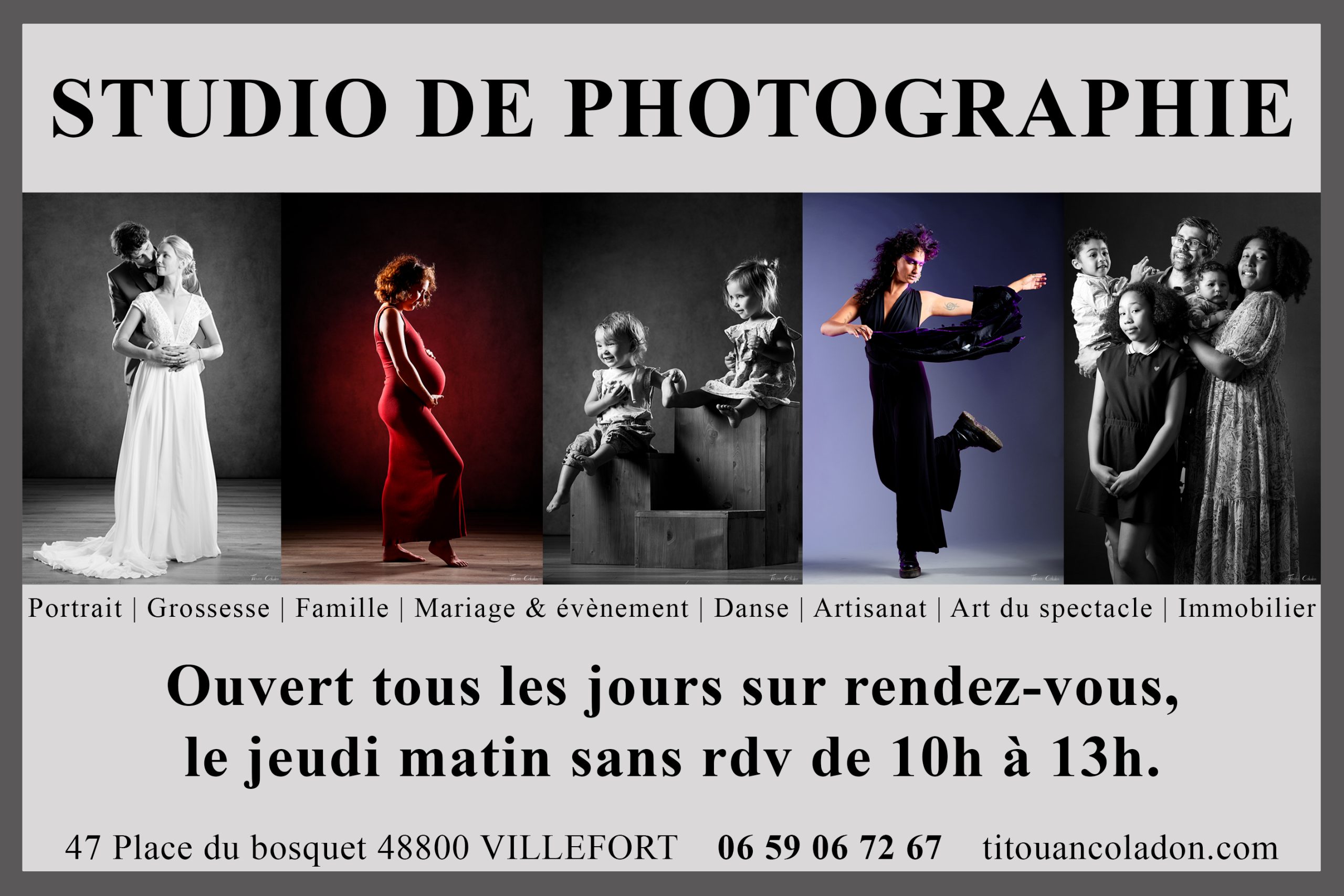Présentation du studio de photographie Titouan Coladon. Mariage - Grossesse - Famille - Danse - Portrait - Objets - Photo d'identité. Photographe Lozère, Ardèche, Gard